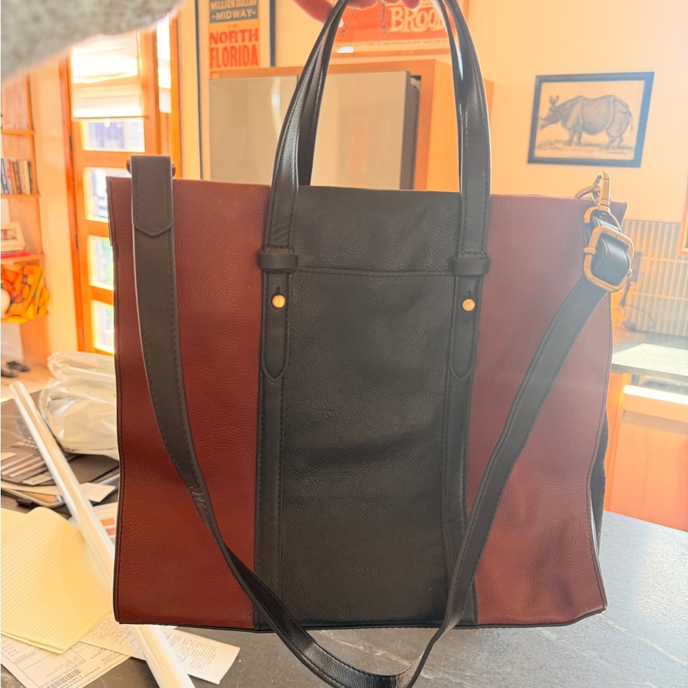Large Two-Tone Tote Bag in Black and brown